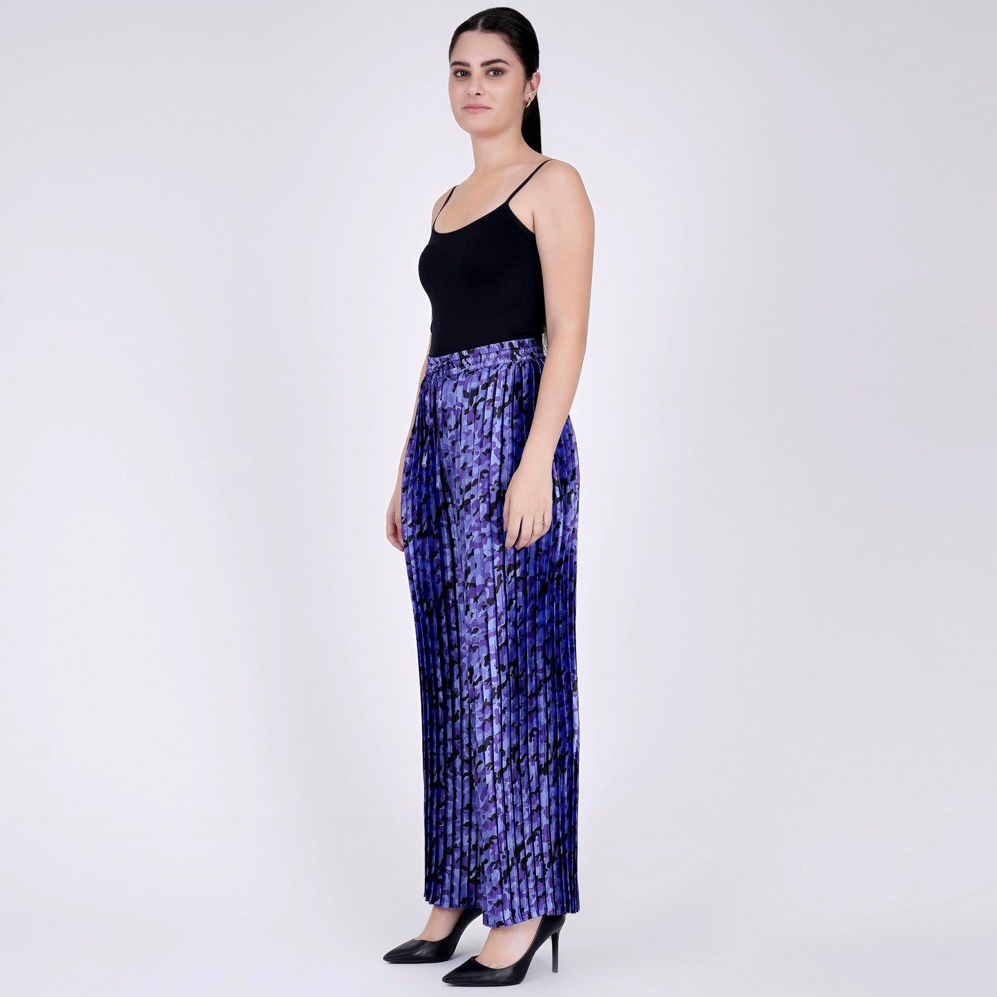 Blue Camouflage Print Knife Pleated Palazzo