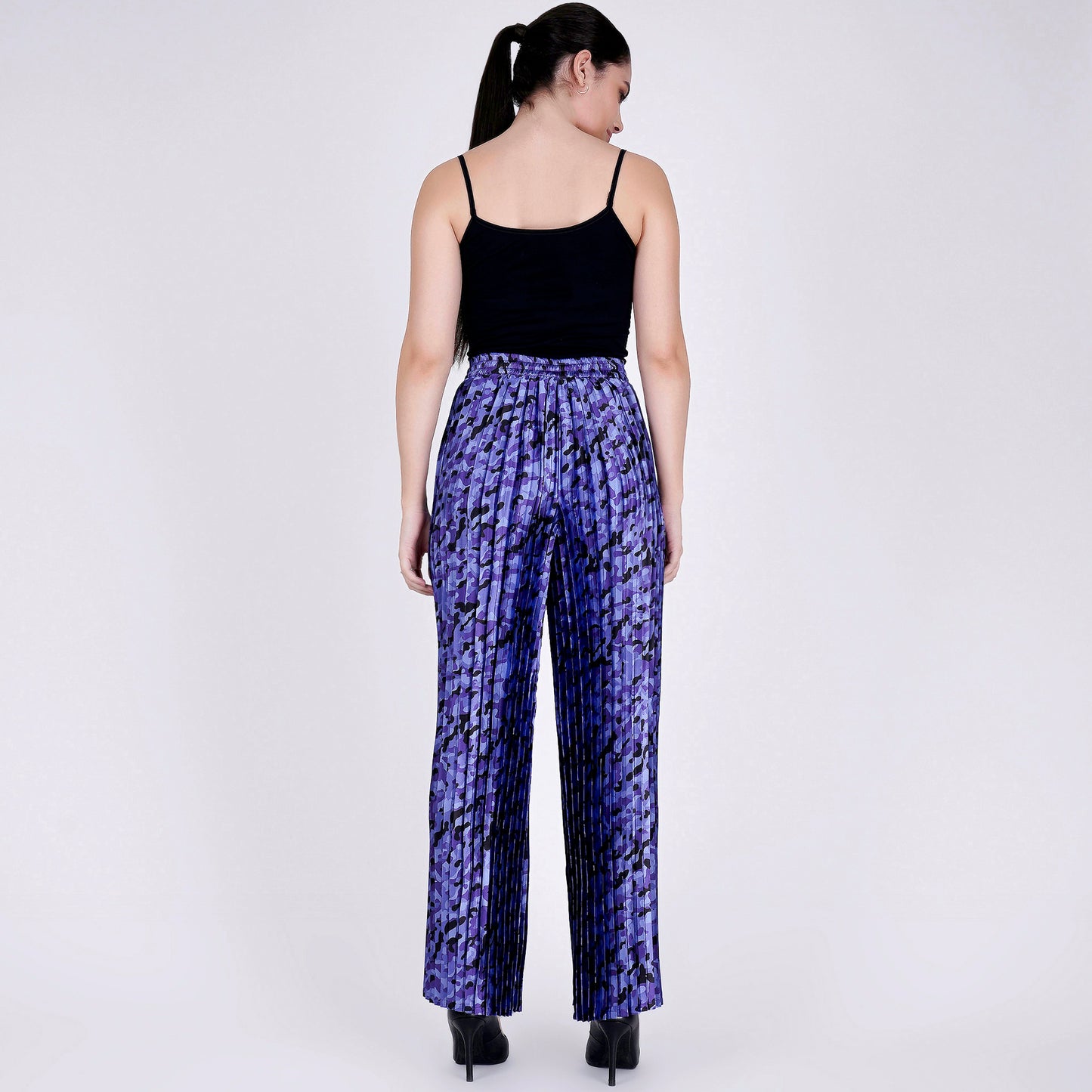 Blue Camouflage Print Knife Pleated Palazzo