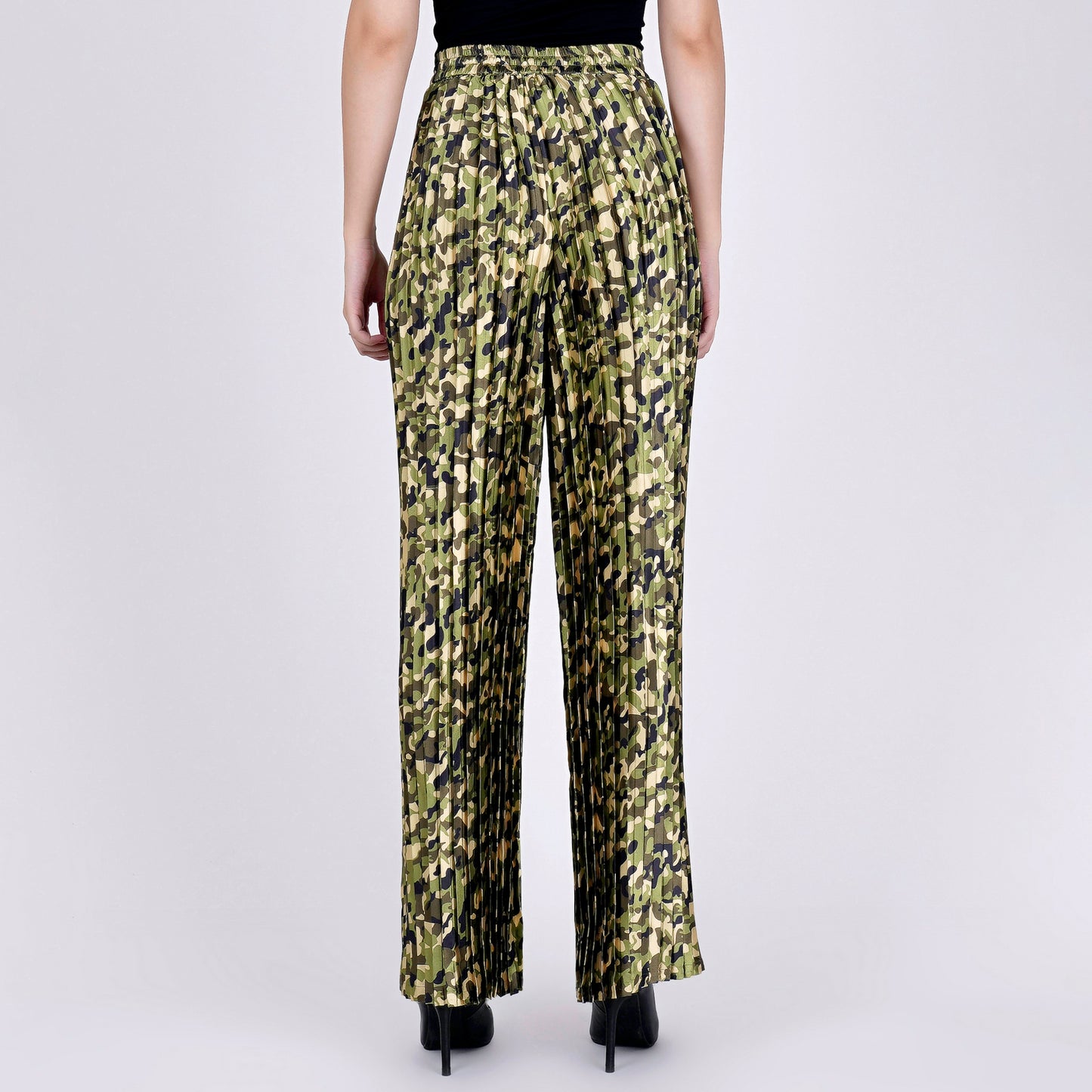 Forest Green Camouflage Print Knife Pleated Palazzo