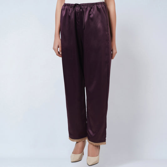 Purple Satin Straight Pants with Lace