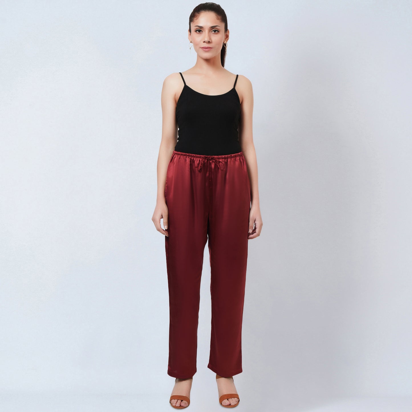 Maroon Satin Straight Pants
