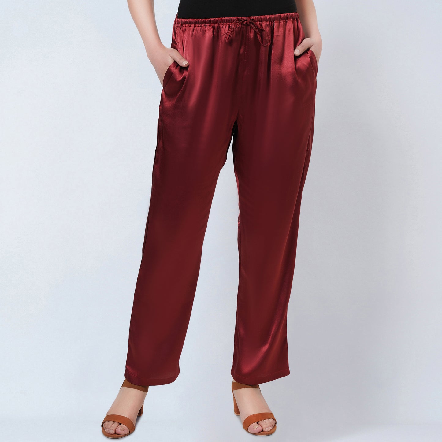 Maroon Satin Straight Pants