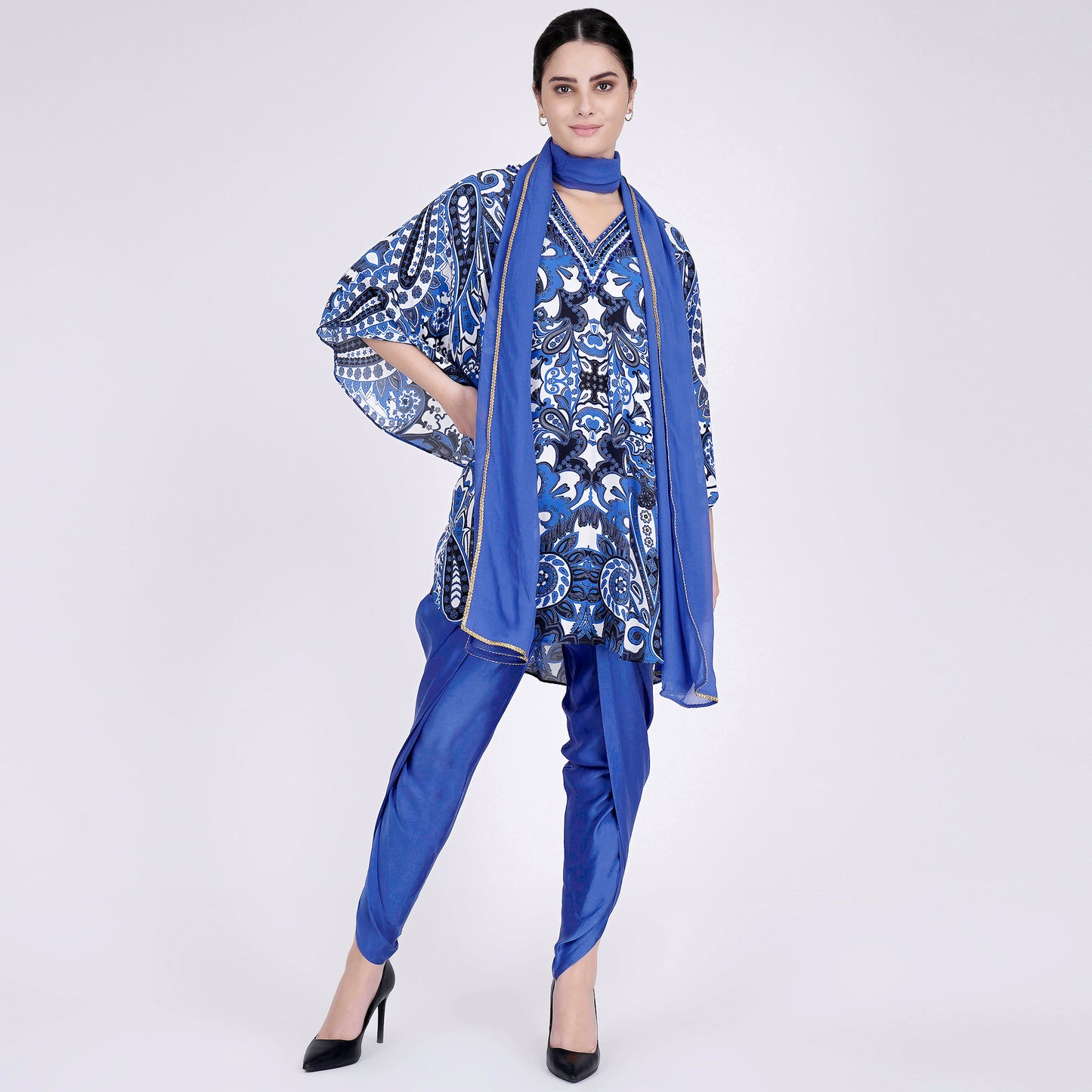 Azure Blue and White Paisley Tunic with Tulip Pants and Dupatta Set
