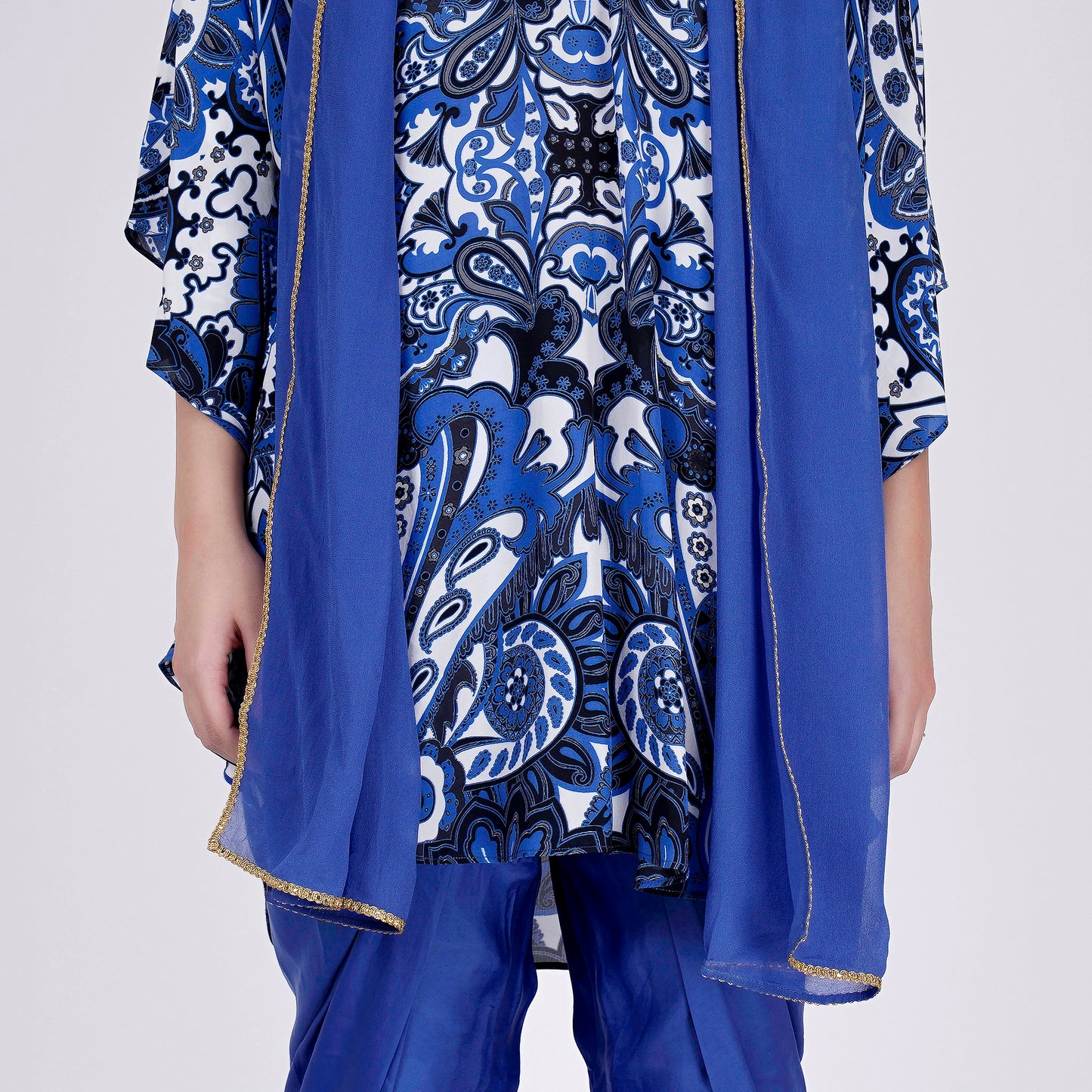 Azure Blue and White Paisley Tunic with Tulip Pants and Dupatta Set