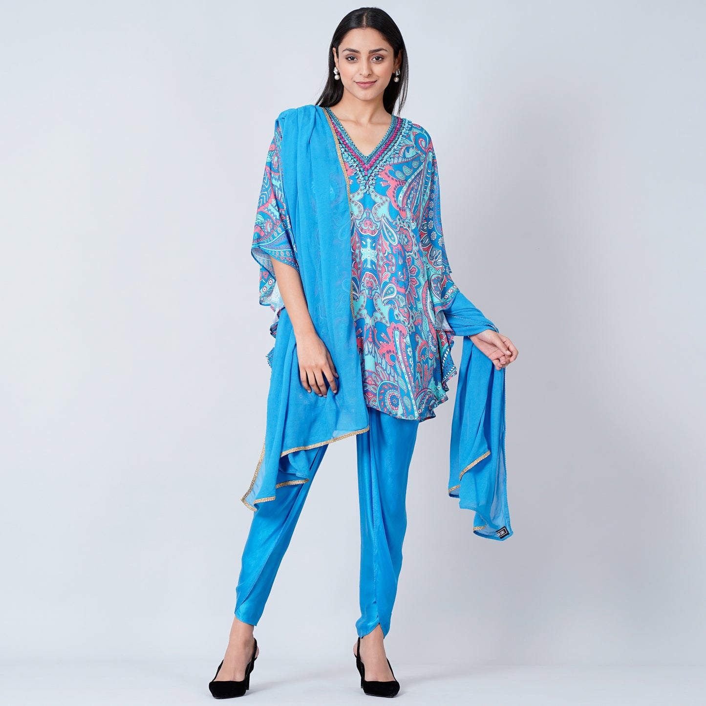 Hot Pink and Blue Paisley Tunic with Tulip Pants and Dupatta Set