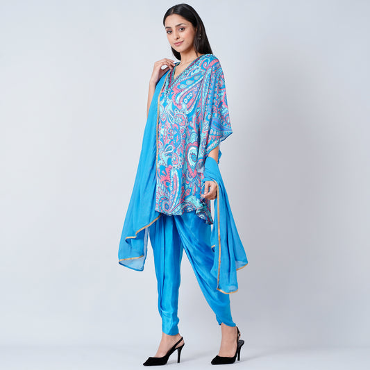 Hot Pink and Blue Paisley Tunic with Tulip Pants and Dupatta Set