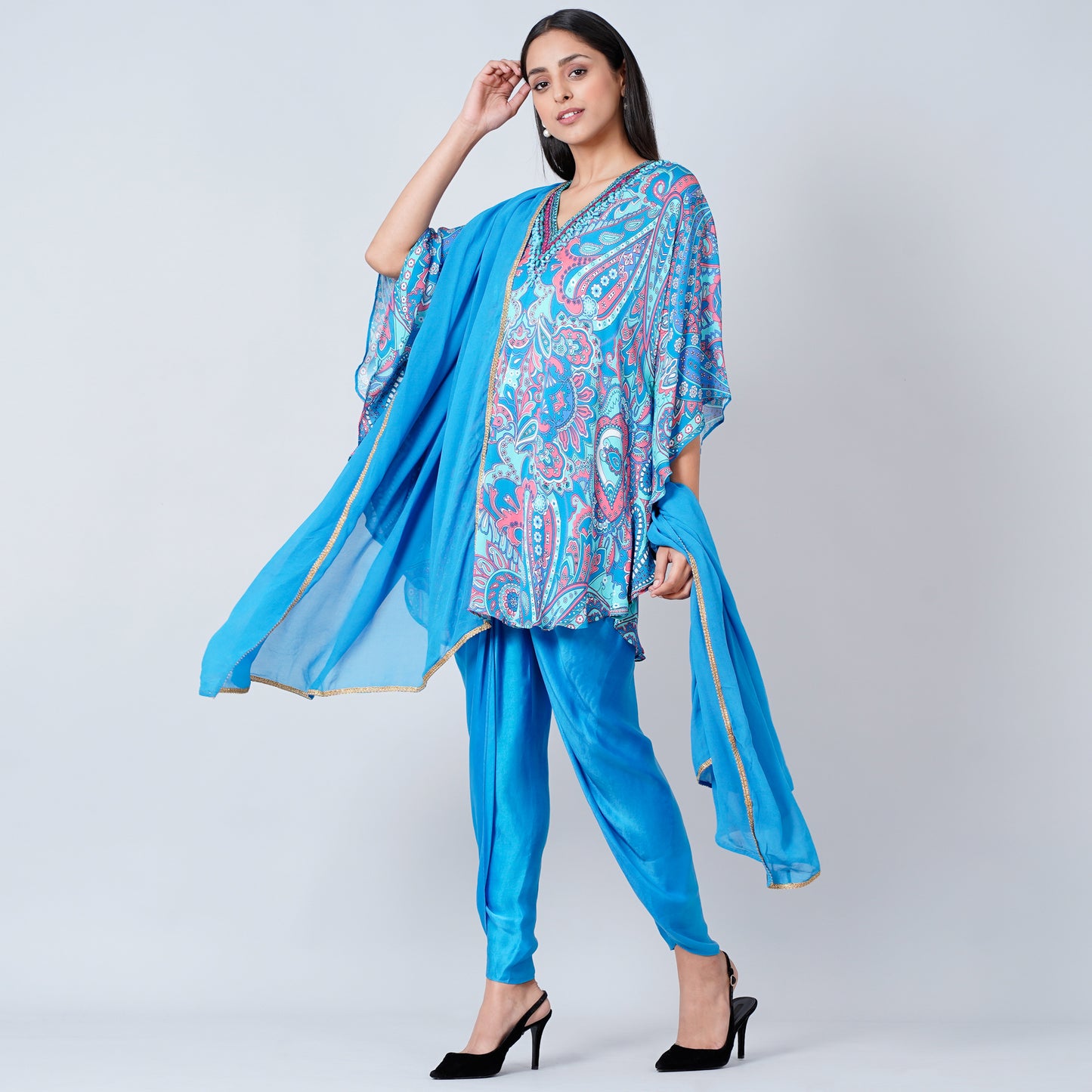 Hot Pink and Blue Paisley Tunic with Tulip Pants and Dupatta Set