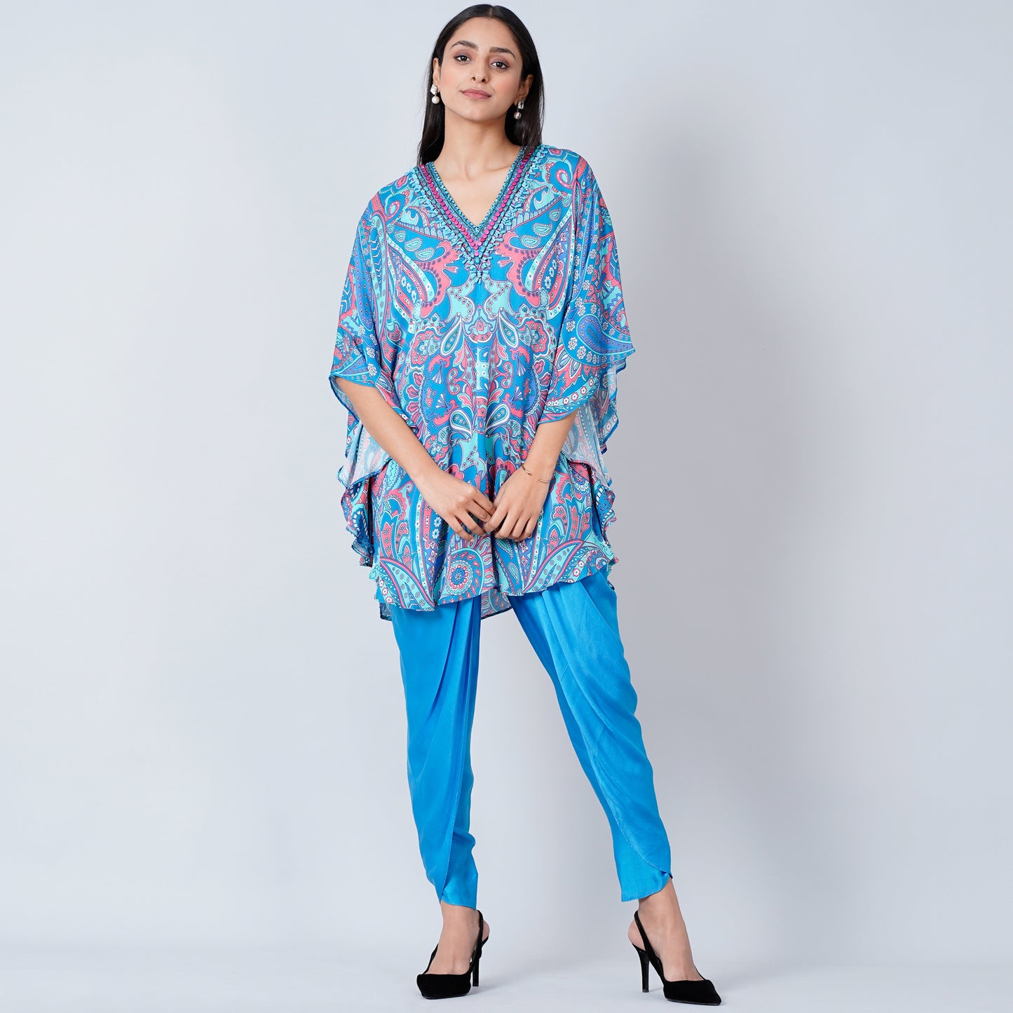 Hot Pink and Blue Paisley Tunic with Tulip Pants and Dupatta Set