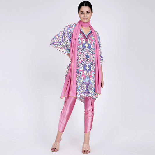 Mauve and Blue Paisley Tunic with Tulip Pants and Dupatta Set