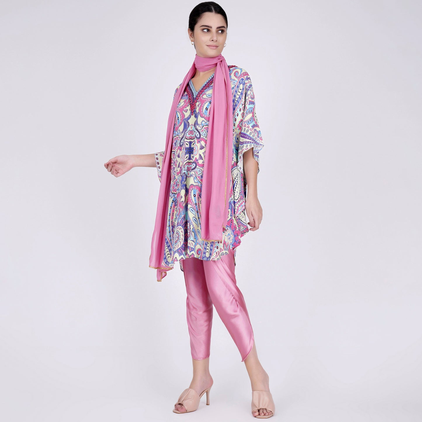 Mauve and Blue Paisley Tunic with Tulip Pants and Dupatta Set