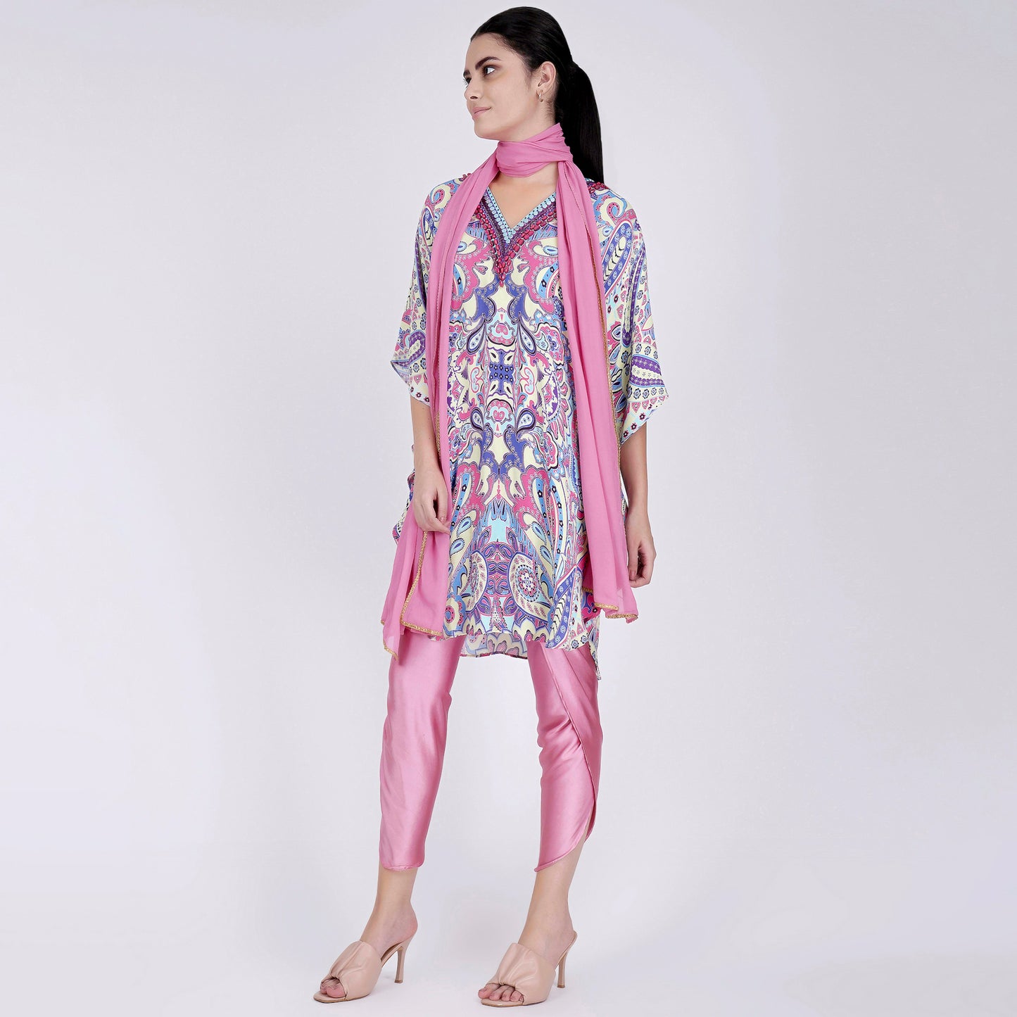 Mauve and Blue Paisley Tunic with Tulip Pants and Dupatta Set