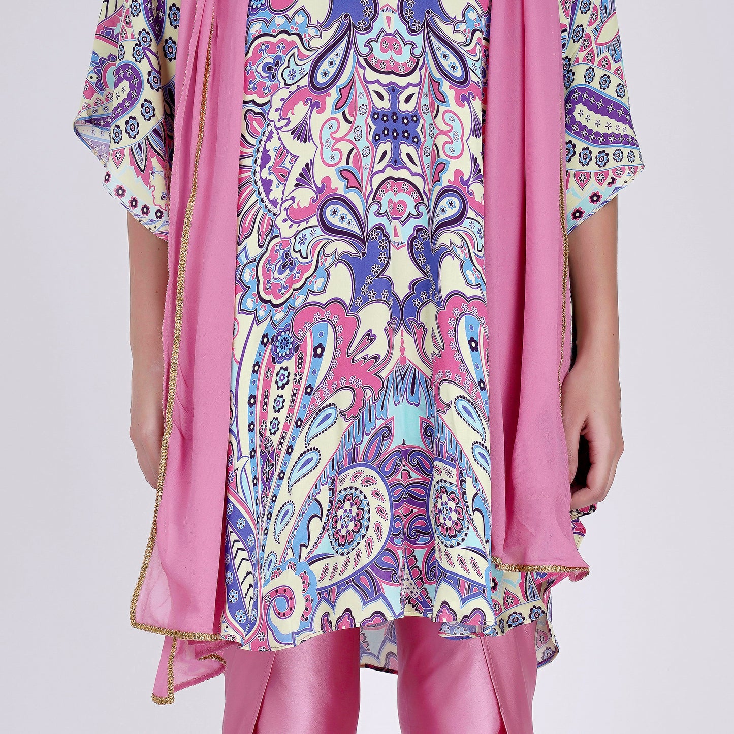 Mauve and Blue Paisley Tunic with Tulip Pants and Dupatta Set
