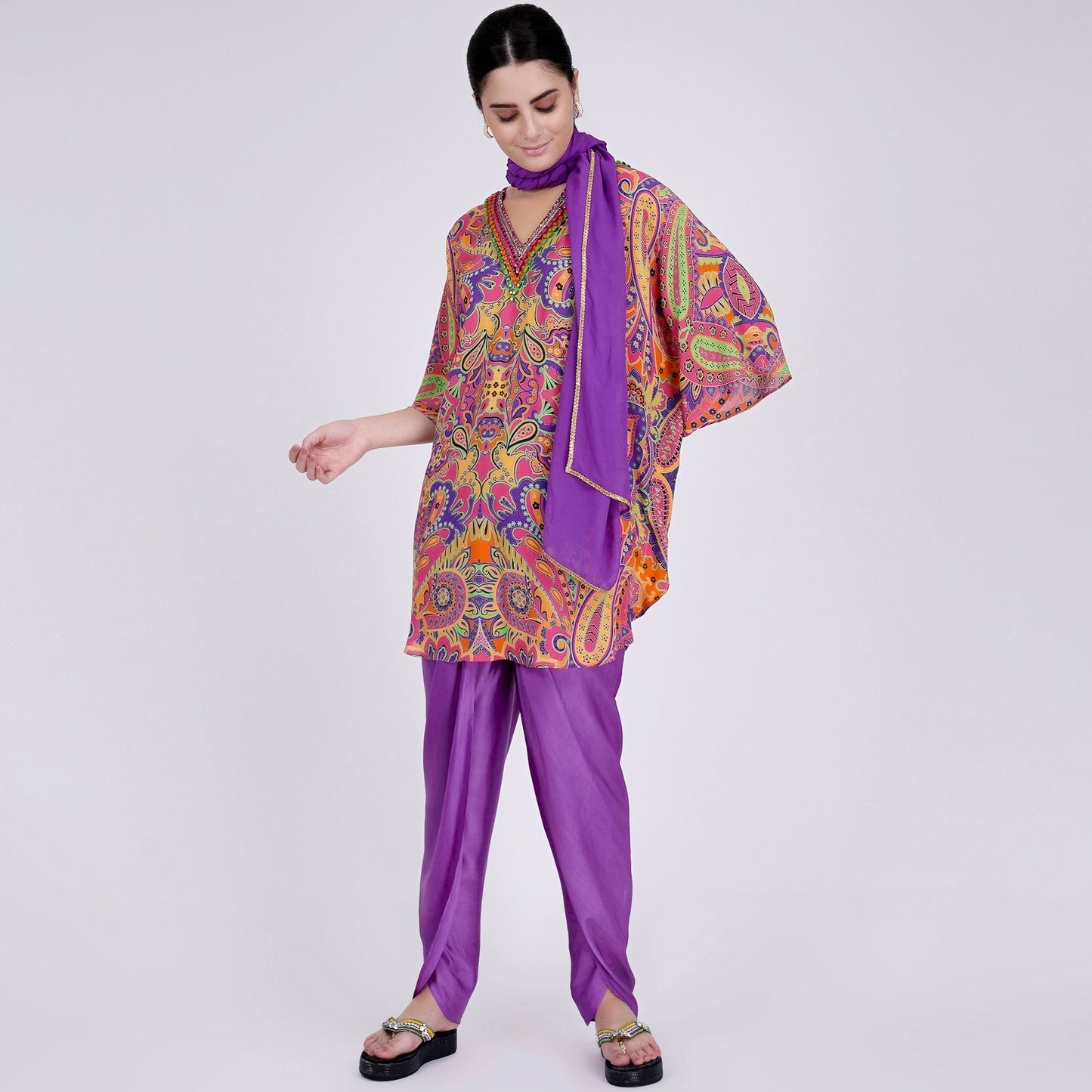Rose Pink and Yellow Paisley Tunic with Tulip Pants and Dupatta Set