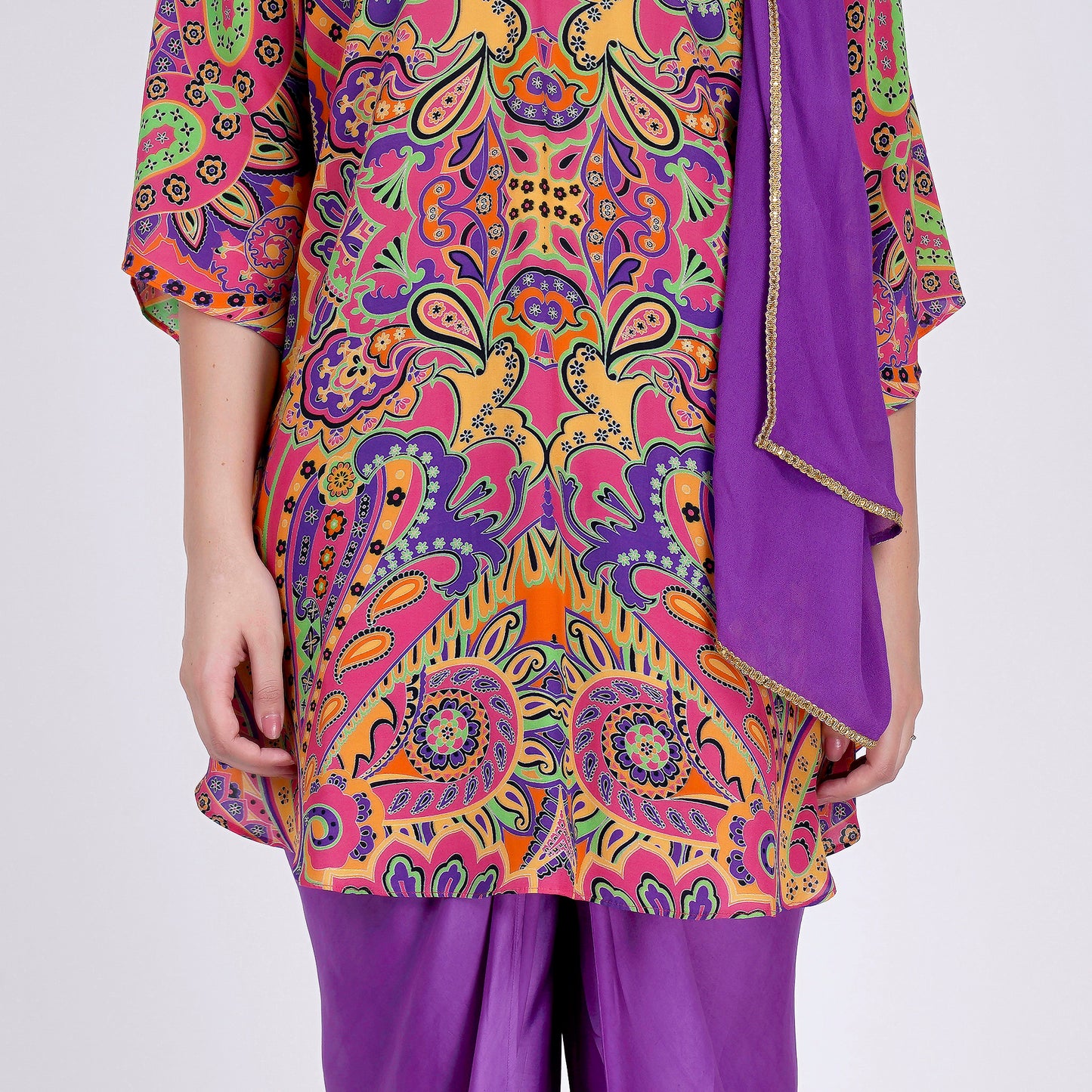 Rose Pink and Yellow Paisley Tunic with Tulip Pants and Dupatta Set