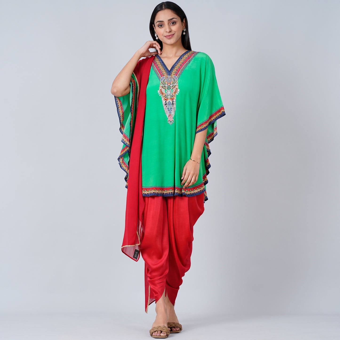 Green Embellished Tunic with Dhoti Pants and Dupatta Set