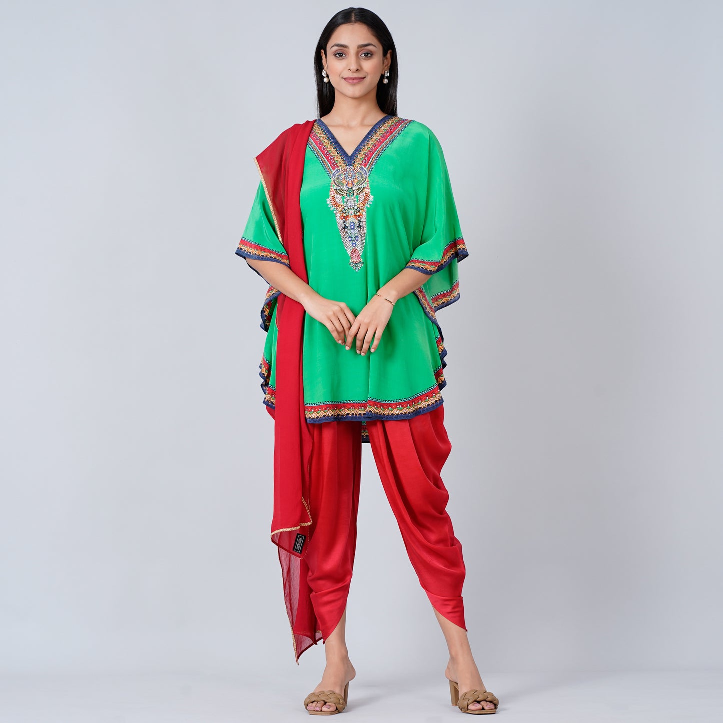 Green Embellished Tunic with Dhoti Pants and Dupatta Set