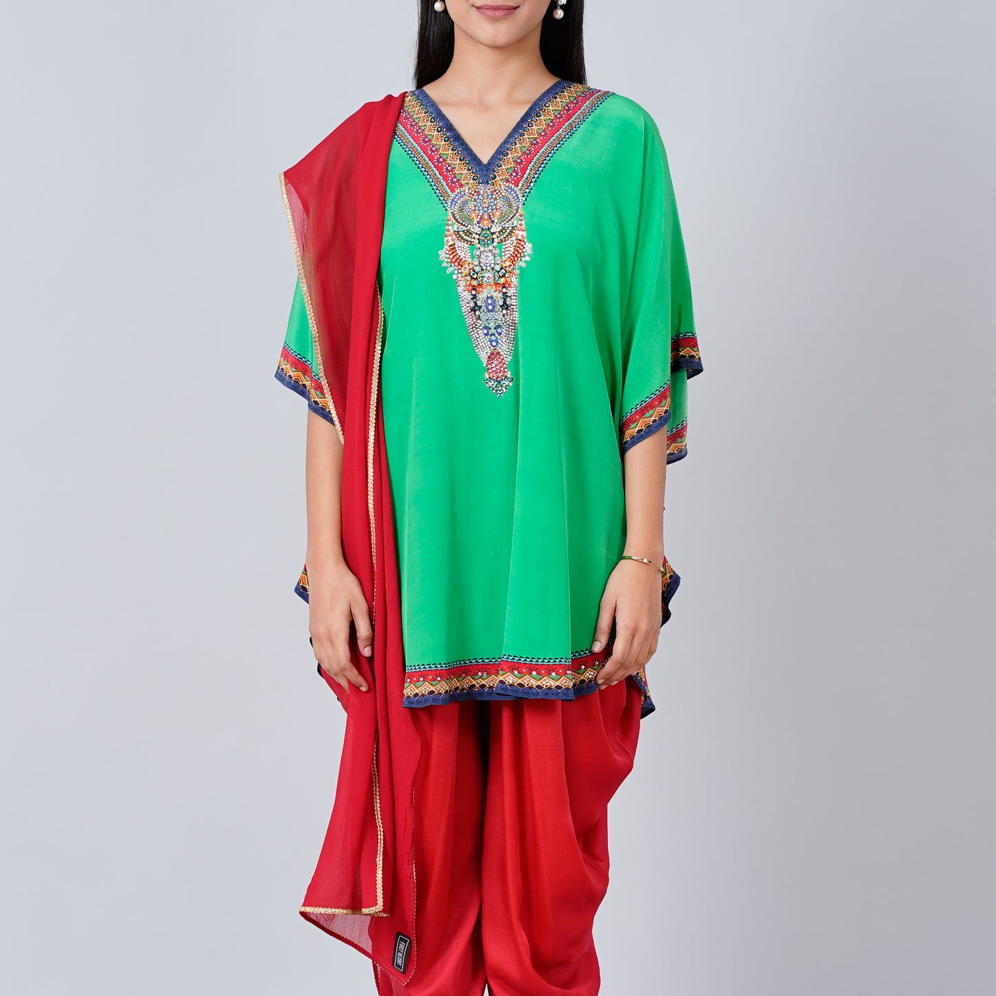 Green Embellished Tunic with Dhoti Pants and Dupatta Set