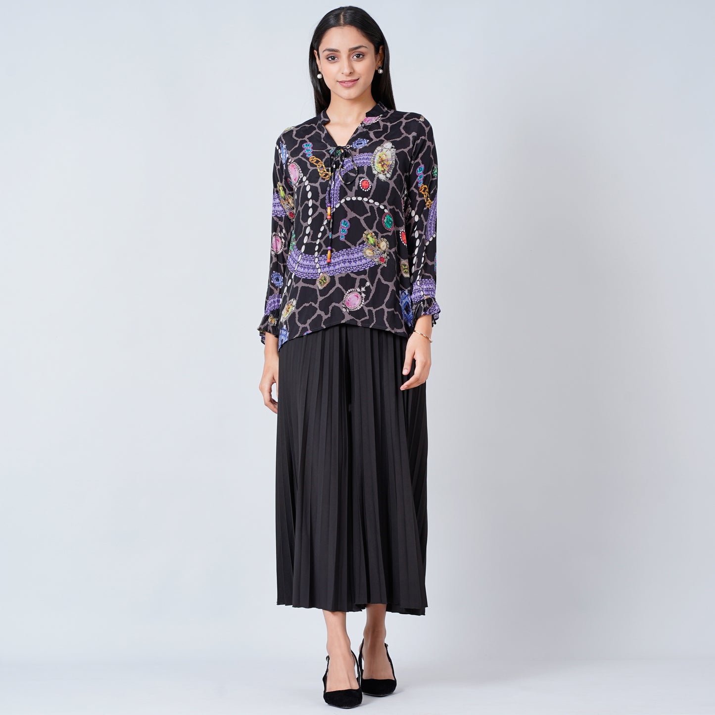 Black Jewel Print Lace-Up Top and Pleated Palazzo Set