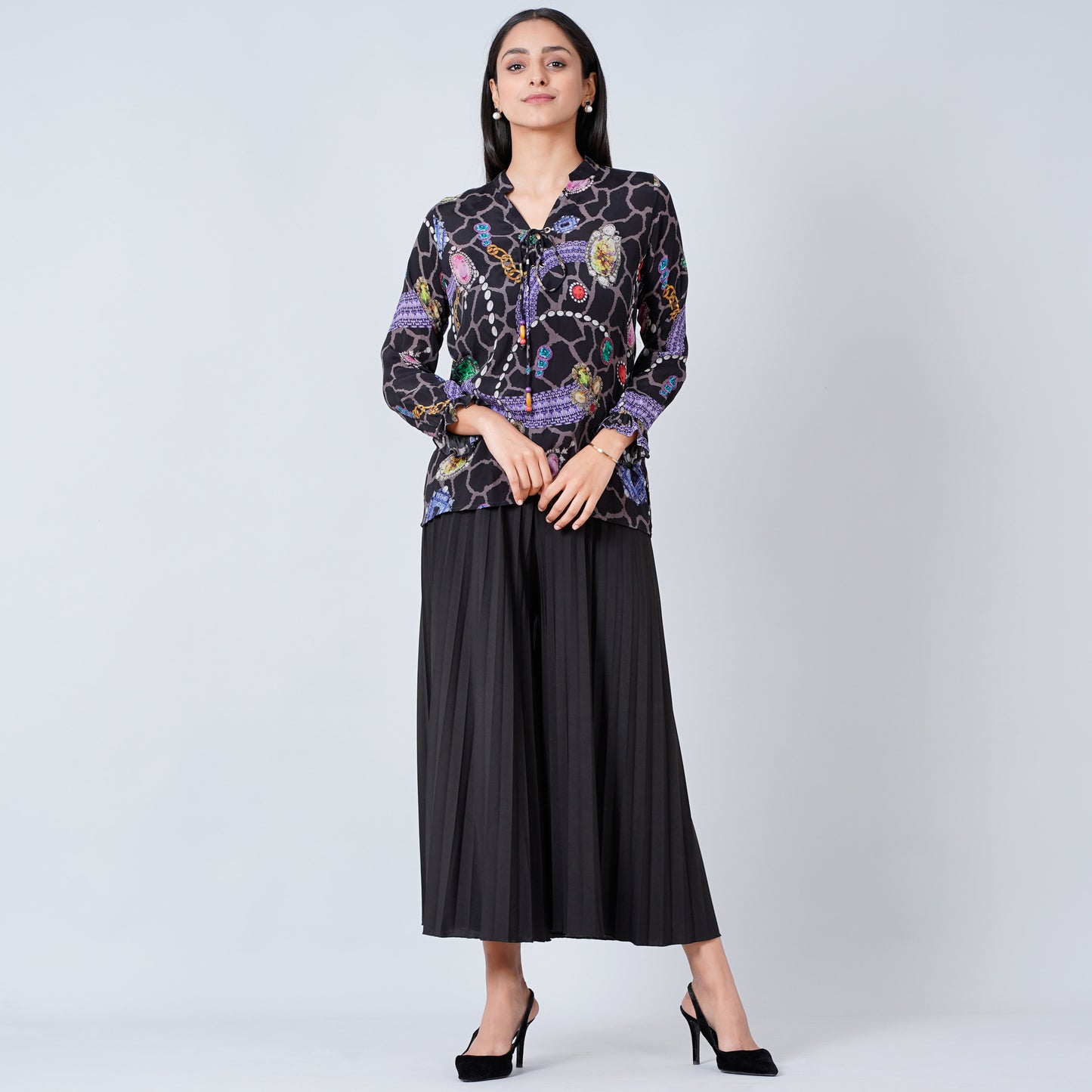 Black Jewel Print Lace-Up Top and Pleated Palazzo Set