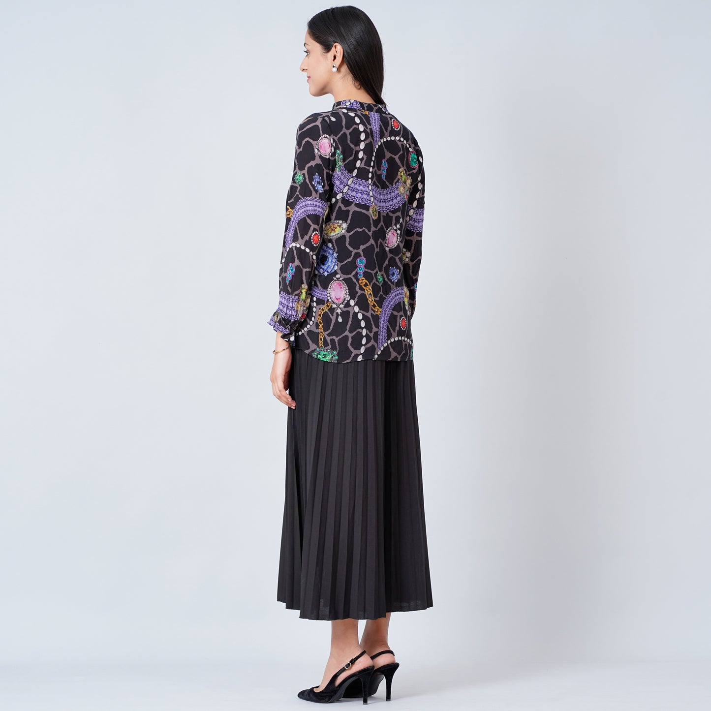 Black Jewel Print Lace-Up Top and Pleated Palazzo Set