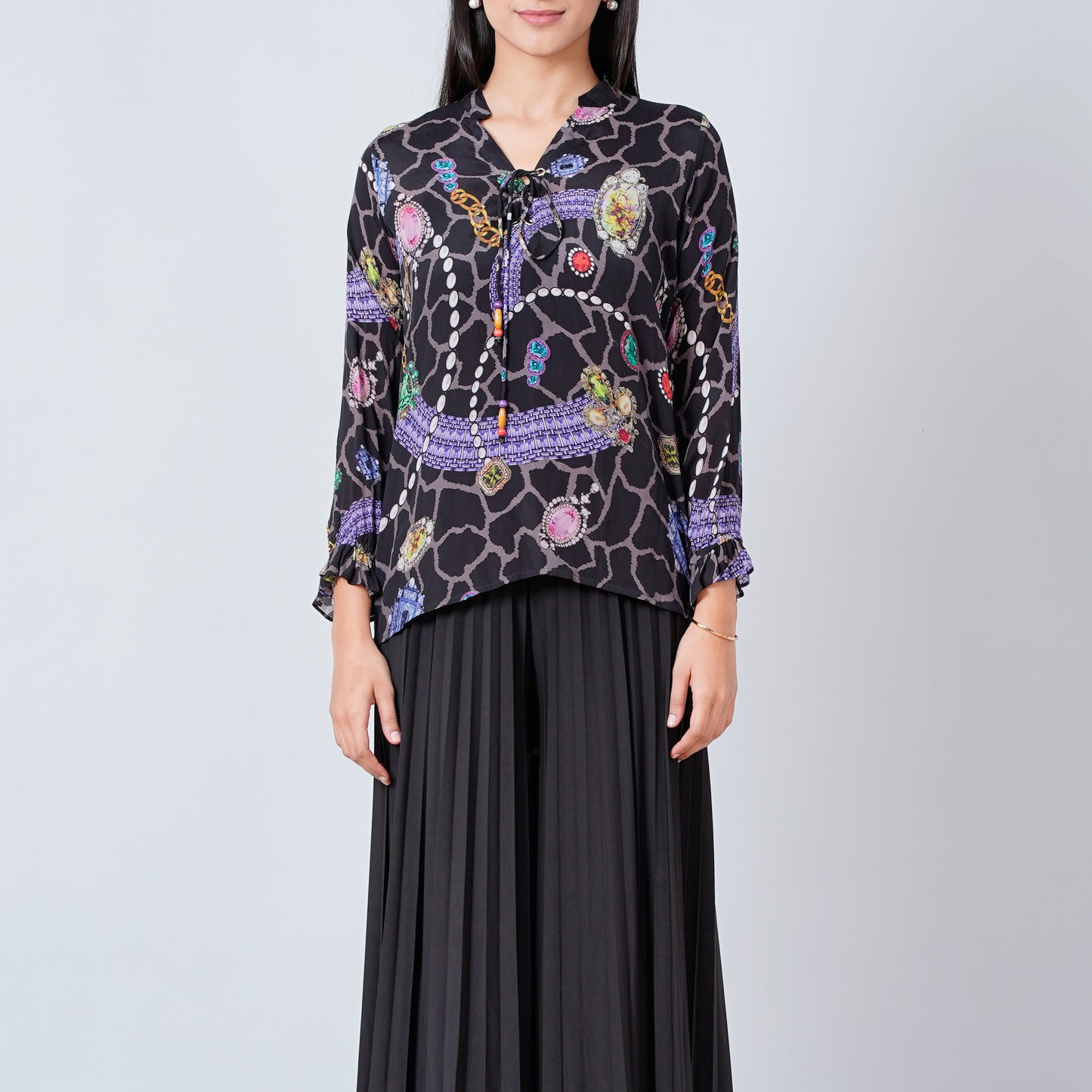 Black Jewel Print Lace-Up Top and Pleated Palazzo Set