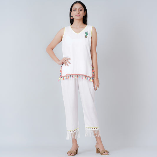 White Summer Top with Pants Set
