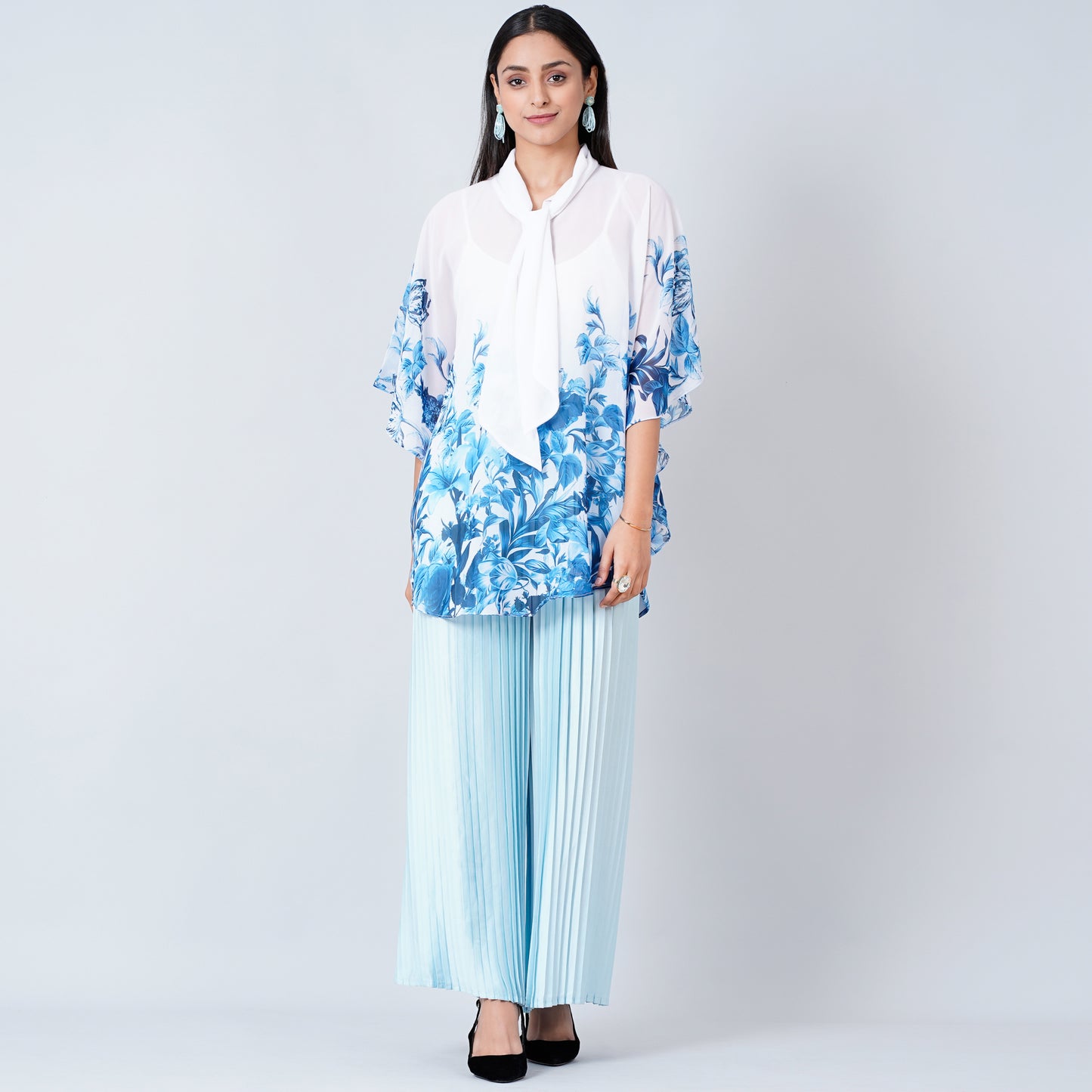 Blue Floral Top and Pleated Palazzo Set