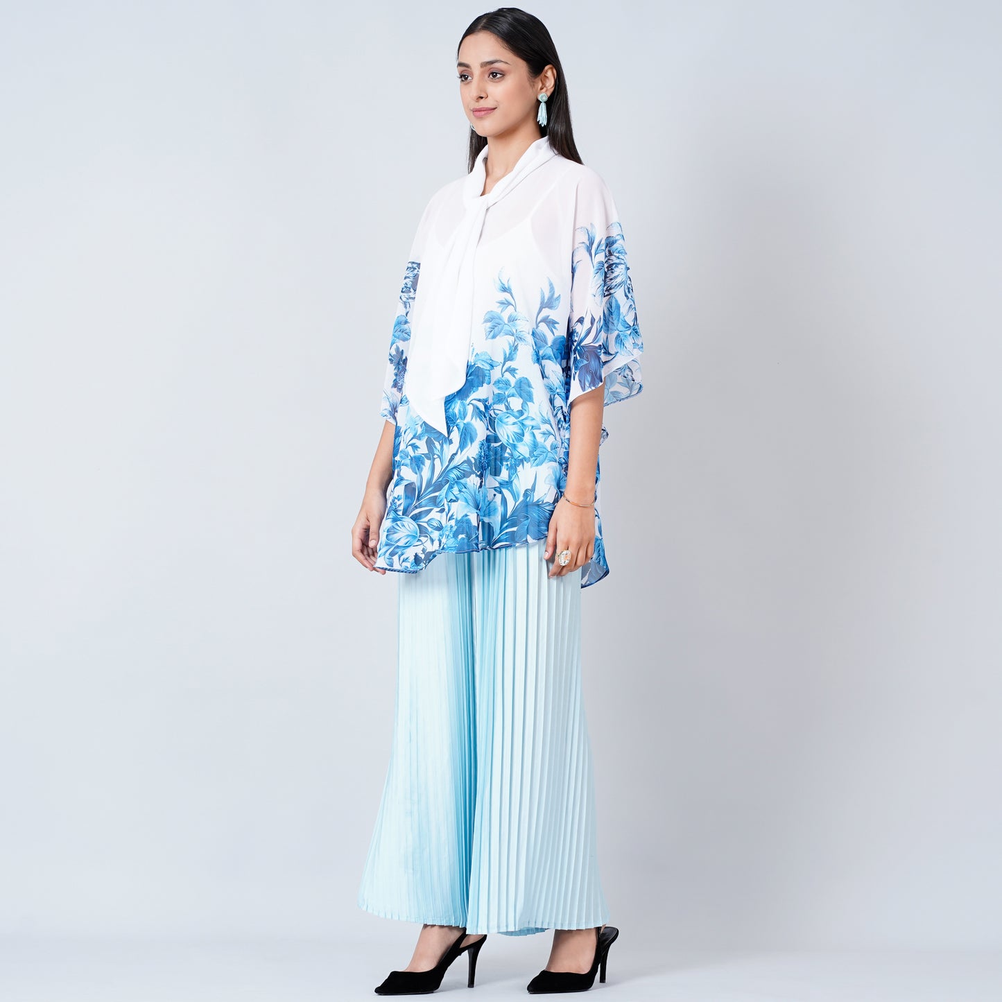 Blue Floral Top and Pleated Palazzo Set