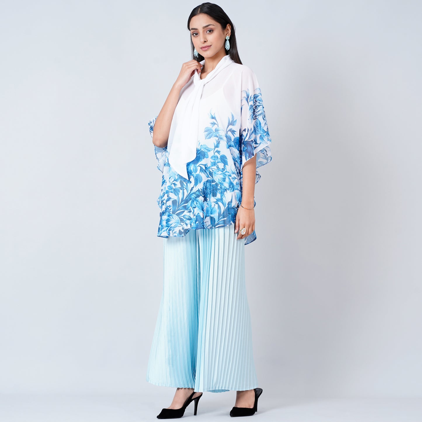 Blue Floral Top and Pleated Palazzo Set
