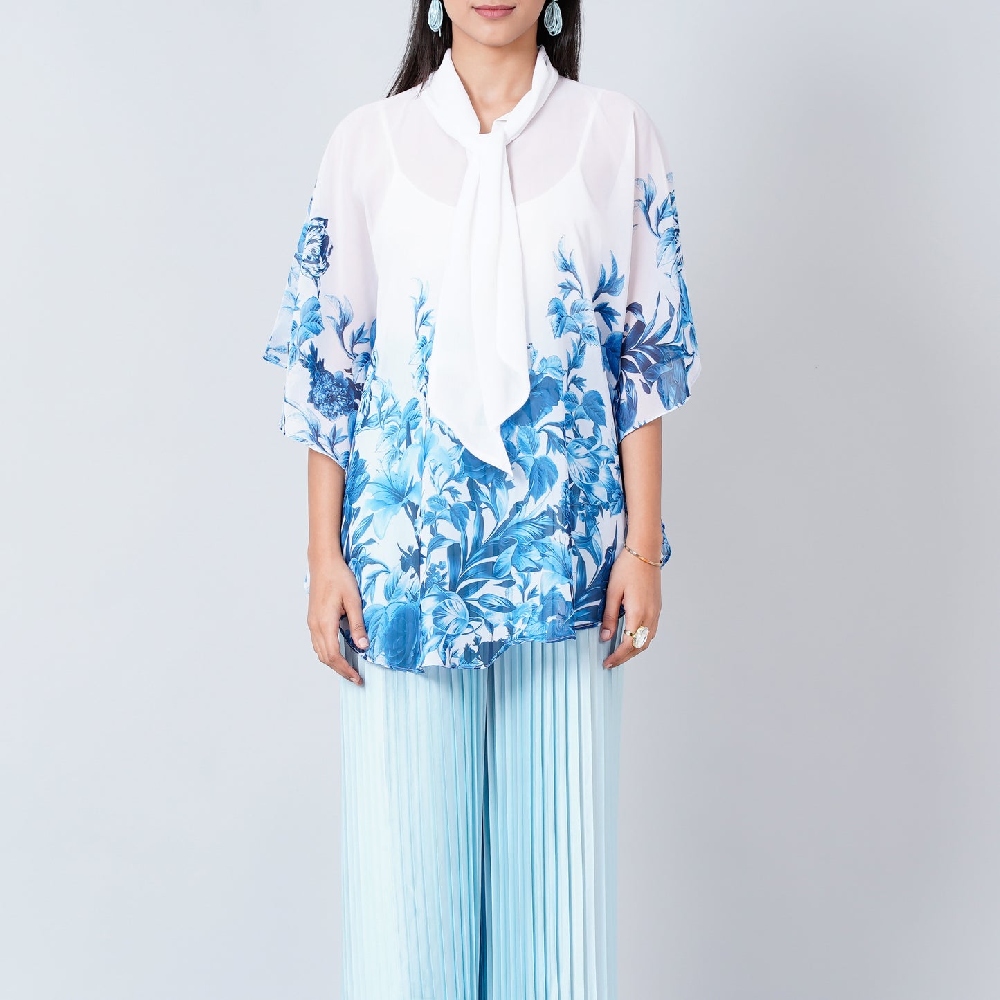 Blue Floral Top and Pleated Palazzo Set