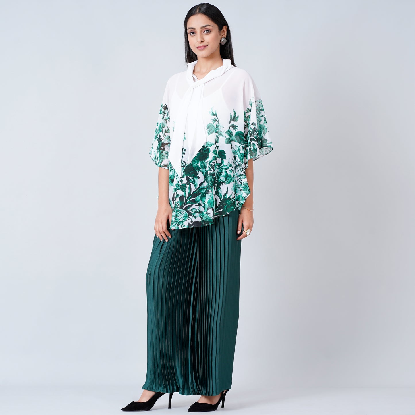 Green Floral Top and Pleated Palazzo Set