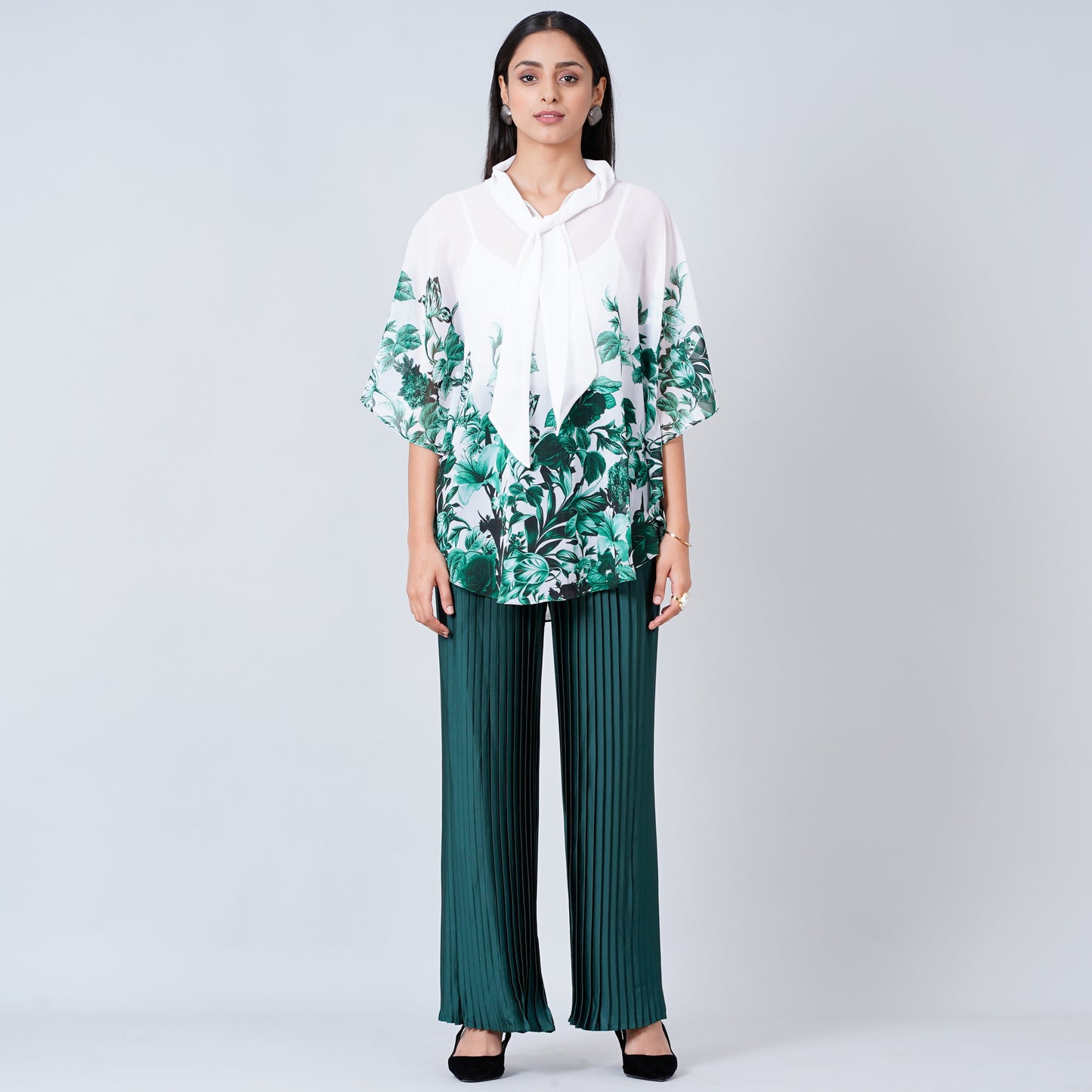 Green Floral Top and Pleated Palazzo Set