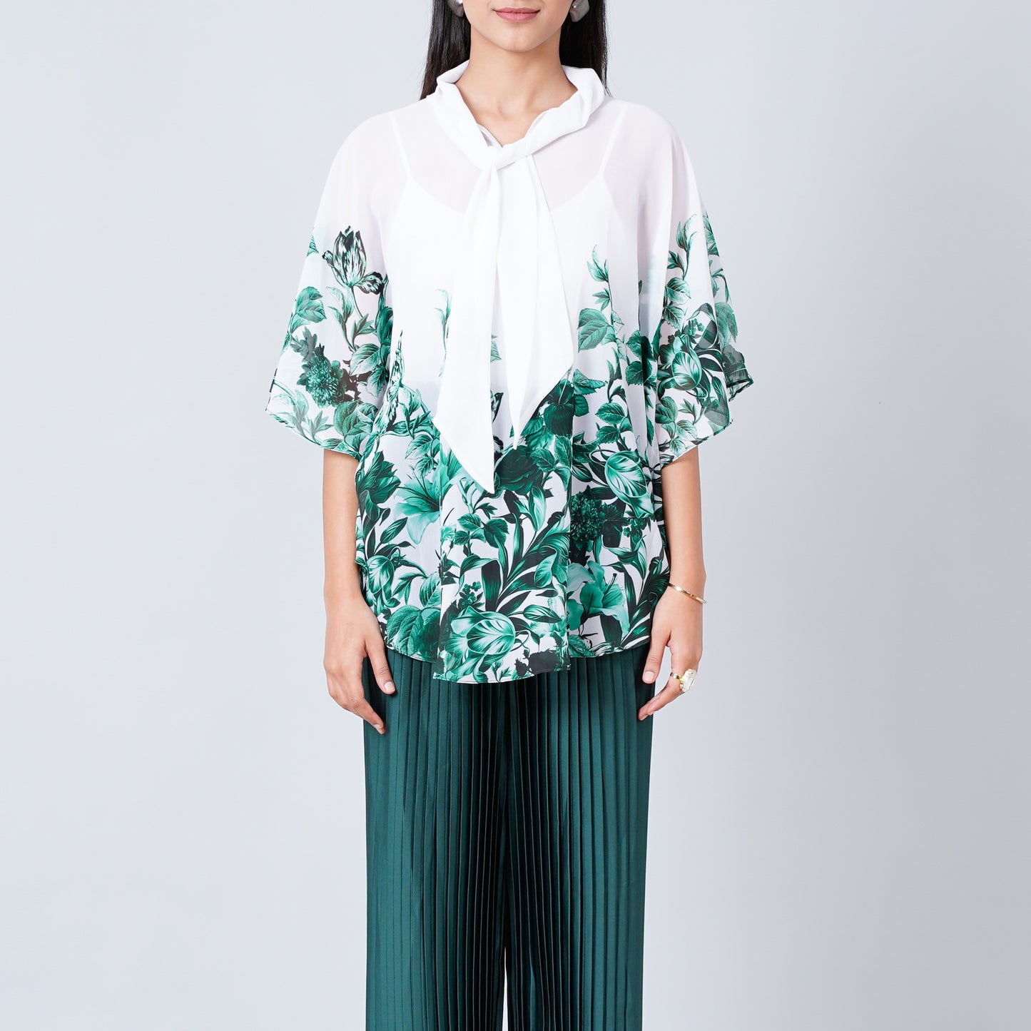 Green Floral Top and Pleated Palazzo Set