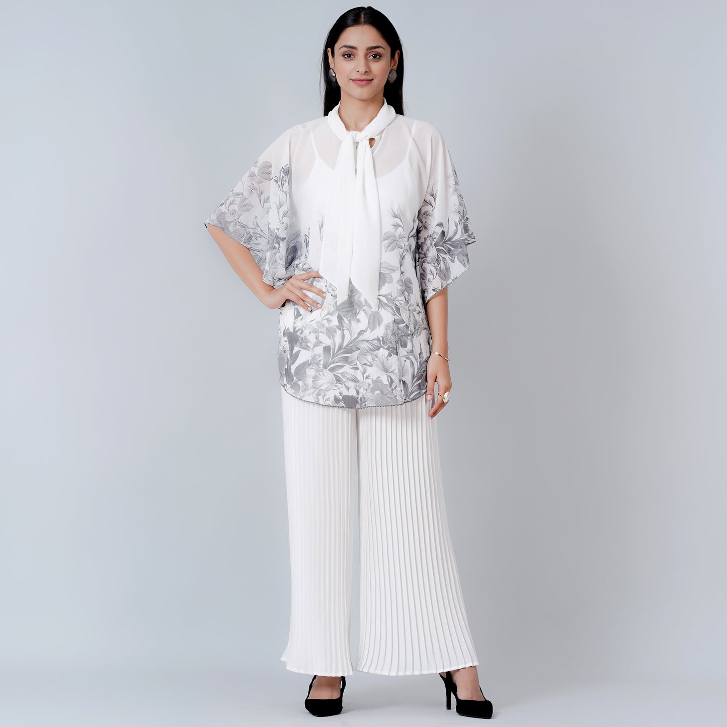 Grey Floral Top and White Pleated Palazzo Set