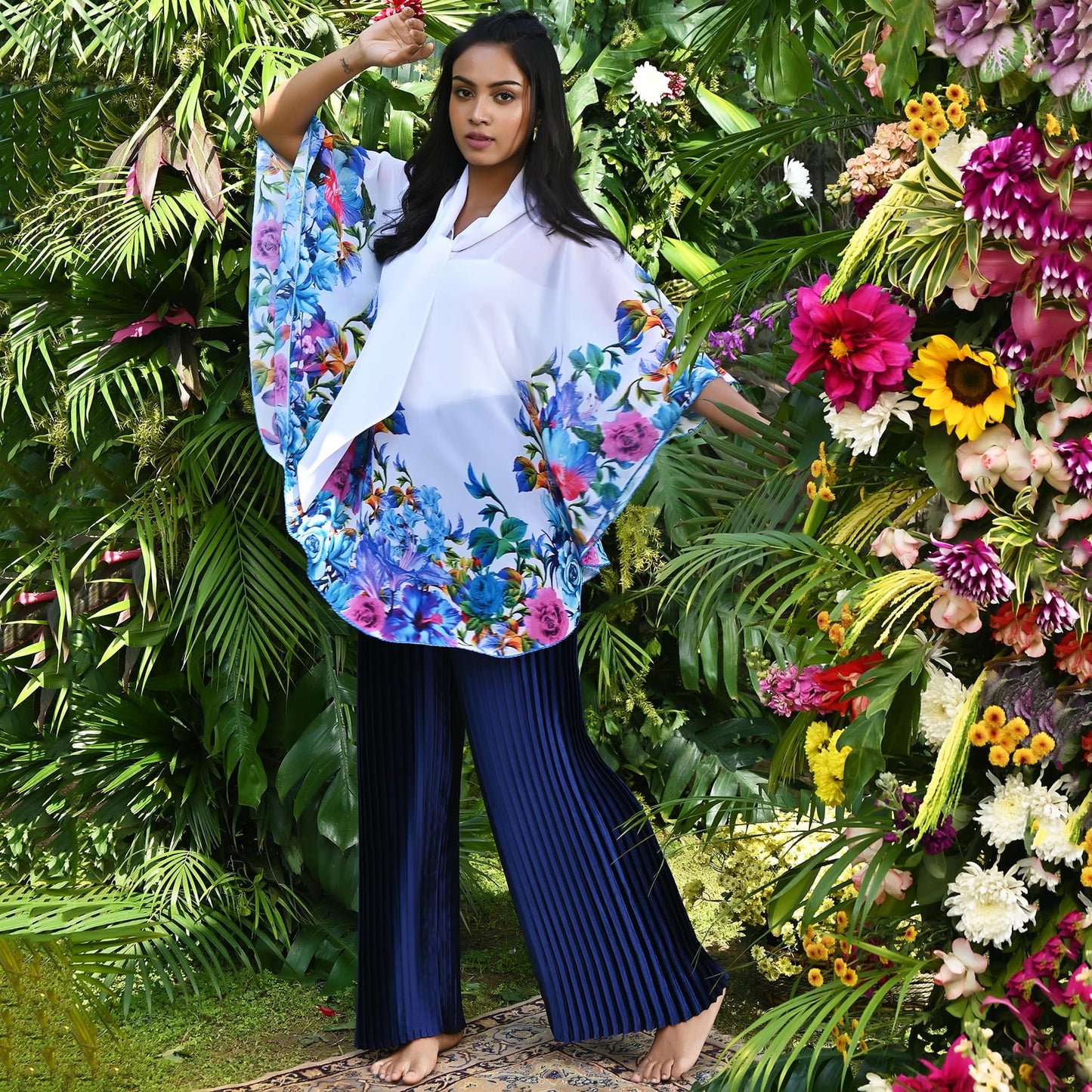 Purple and Blue Floral Top and Pleated Palazzo Set