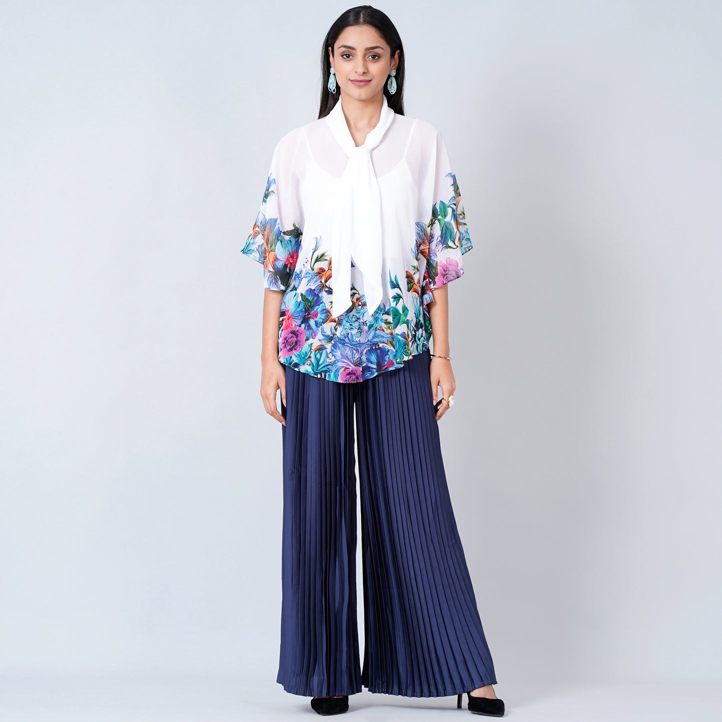 Purple and Blue Floral Top and Pleated Palazzo Set