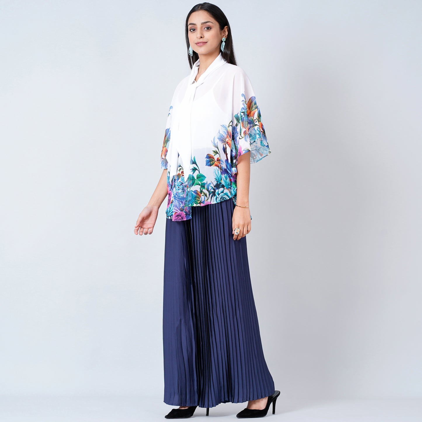 Purple and Blue Floral Top and Pleated Palazzo Set