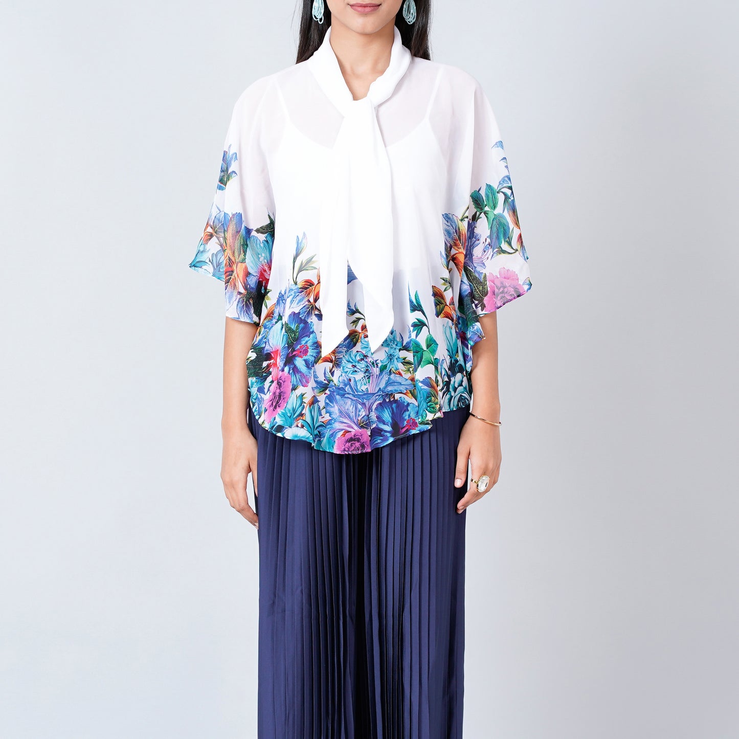 Purple and Blue Floral Top and Pleated Palazzo Set