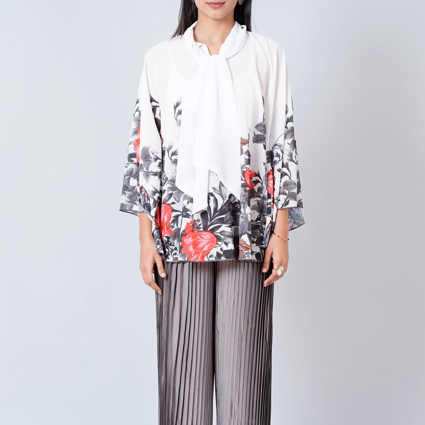 Red and Grey Floral Top and Pleated Palazzo Set