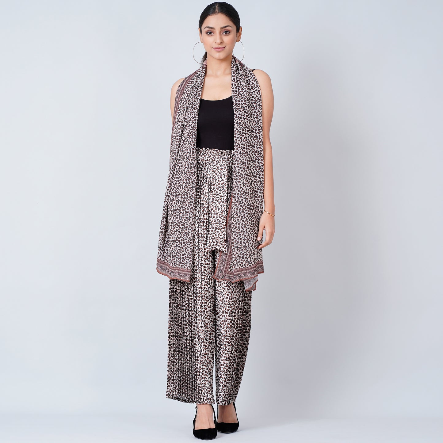 Brown Leopard Print Pleated Palazzo and Stole Set