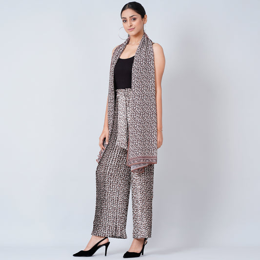 Brown Leopard Print Pleated Palazzo and Stole Set