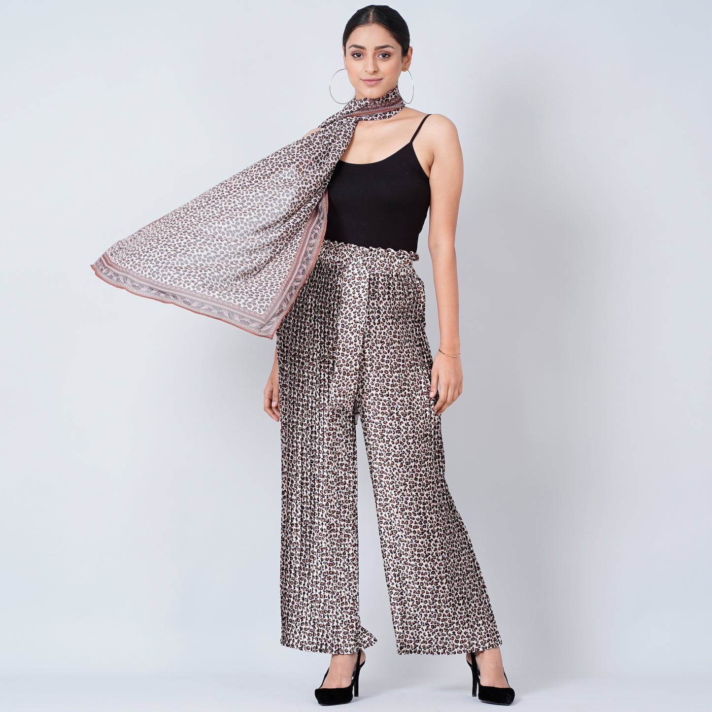 Brown Leopard Print Pleated Palazzo and Stole Set