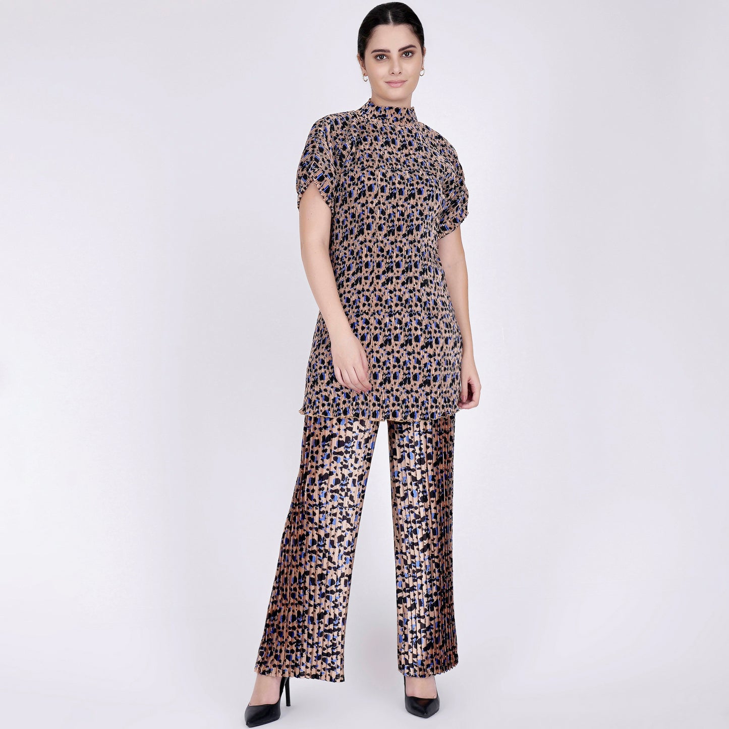 Beige Animal Print Top and Knife Pleated Palazzo Set