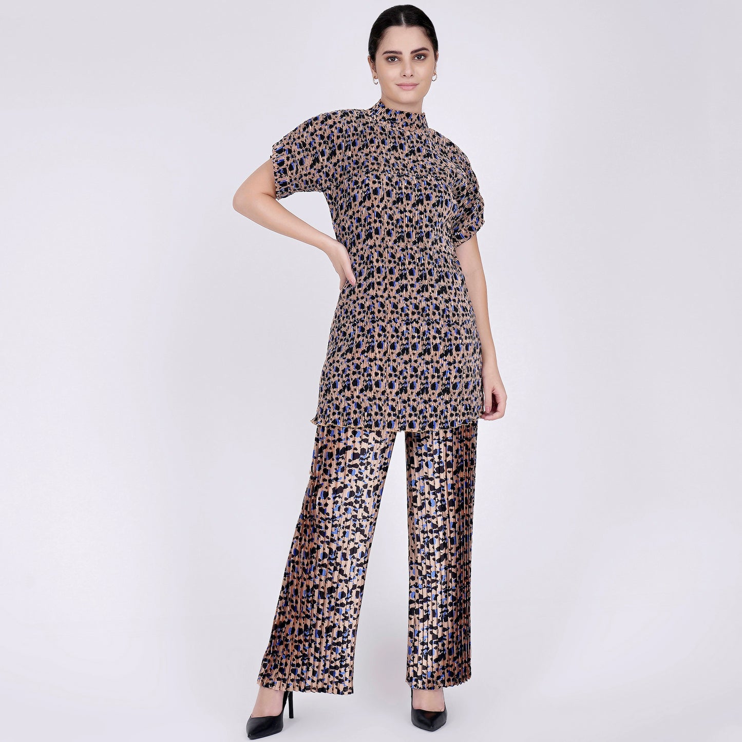 Beige Animal Print Top and Knife Pleated Palazzo Set