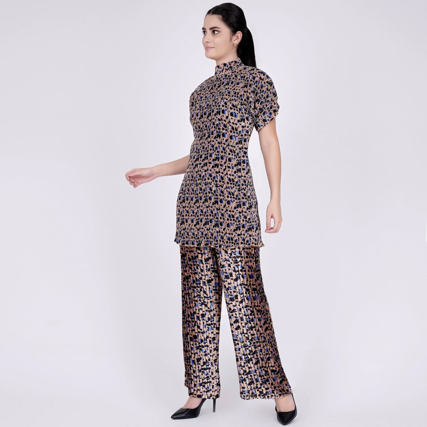 Beige Animal Print Top and Knife Pleated Palazzo Set