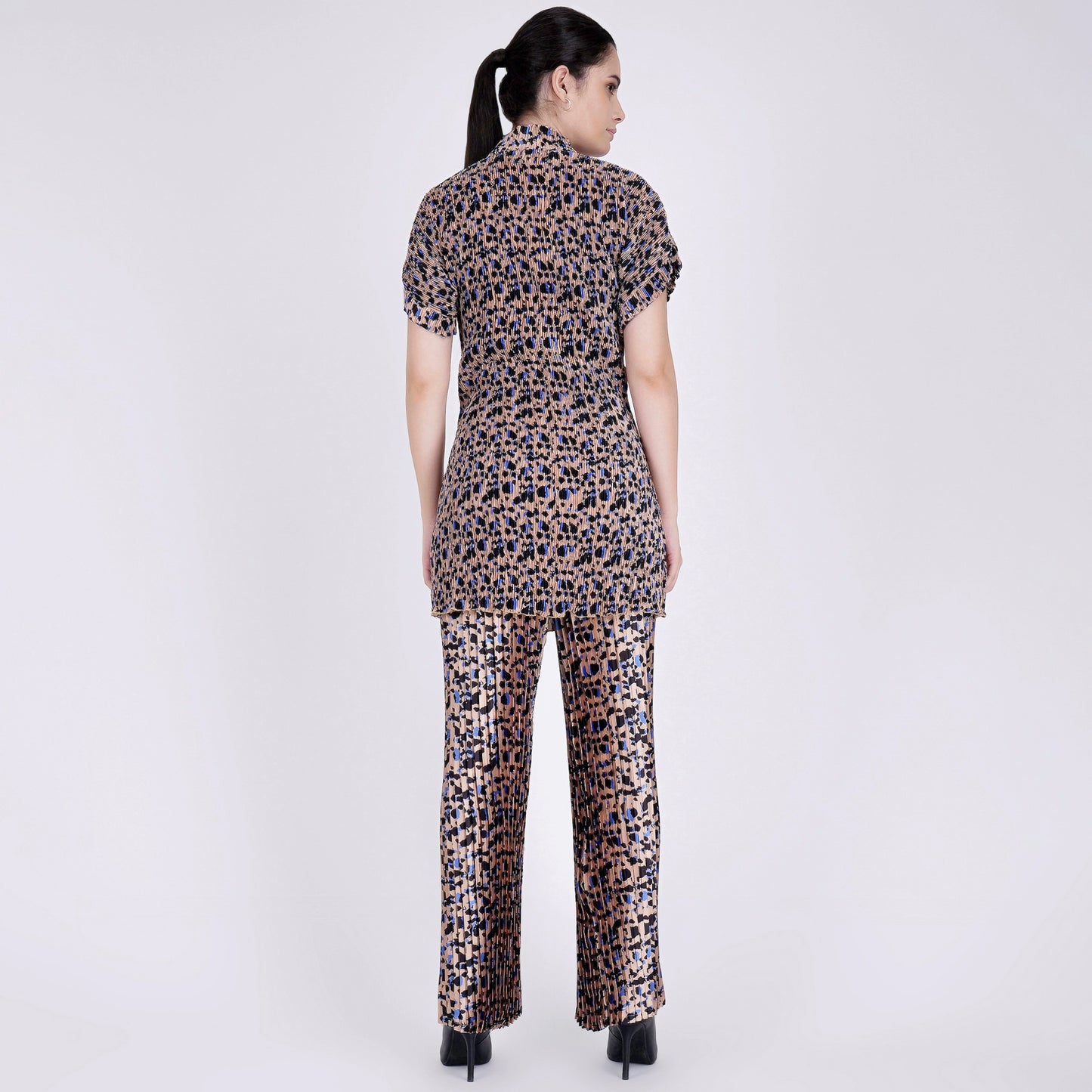 Beige Animal Print Top and Knife Pleated Palazzo Set