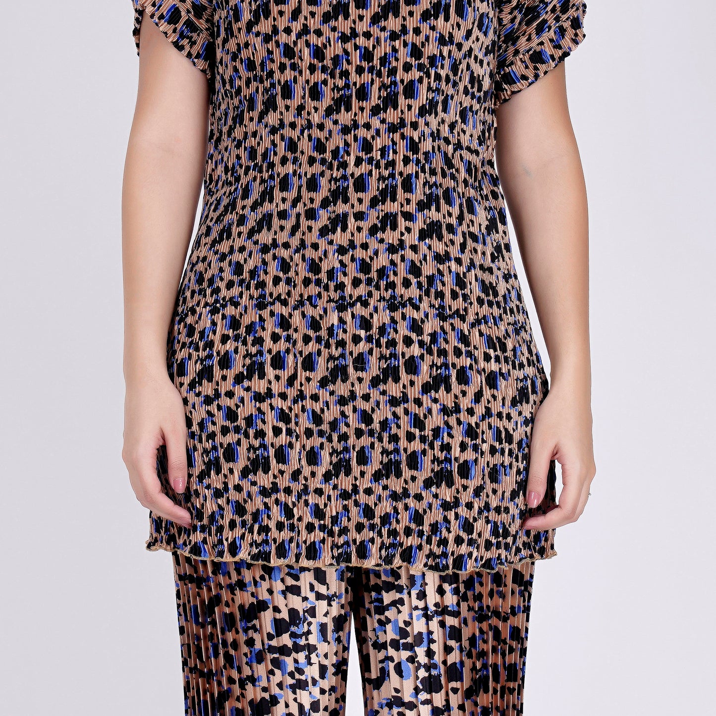 Beige Animal Print Top and Knife Pleated Palazzo Set