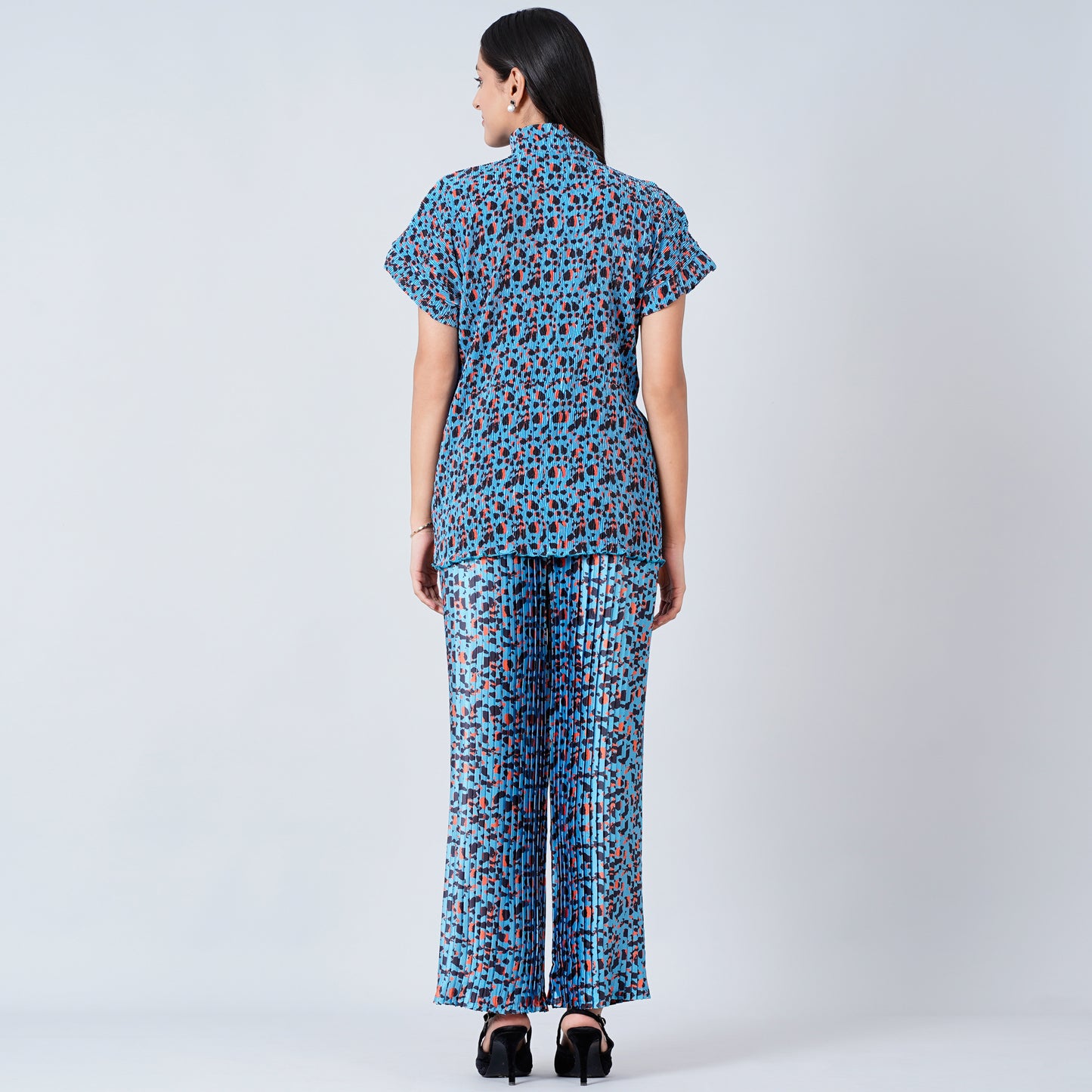 Blue Animal Print Top and Knife Pleated Palazzo Set