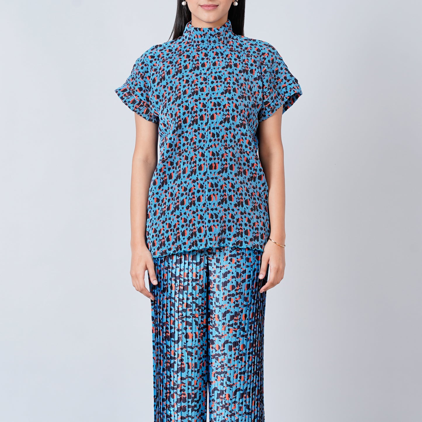Blue Animal Print Top and Knife Pleated Palazzo Set
