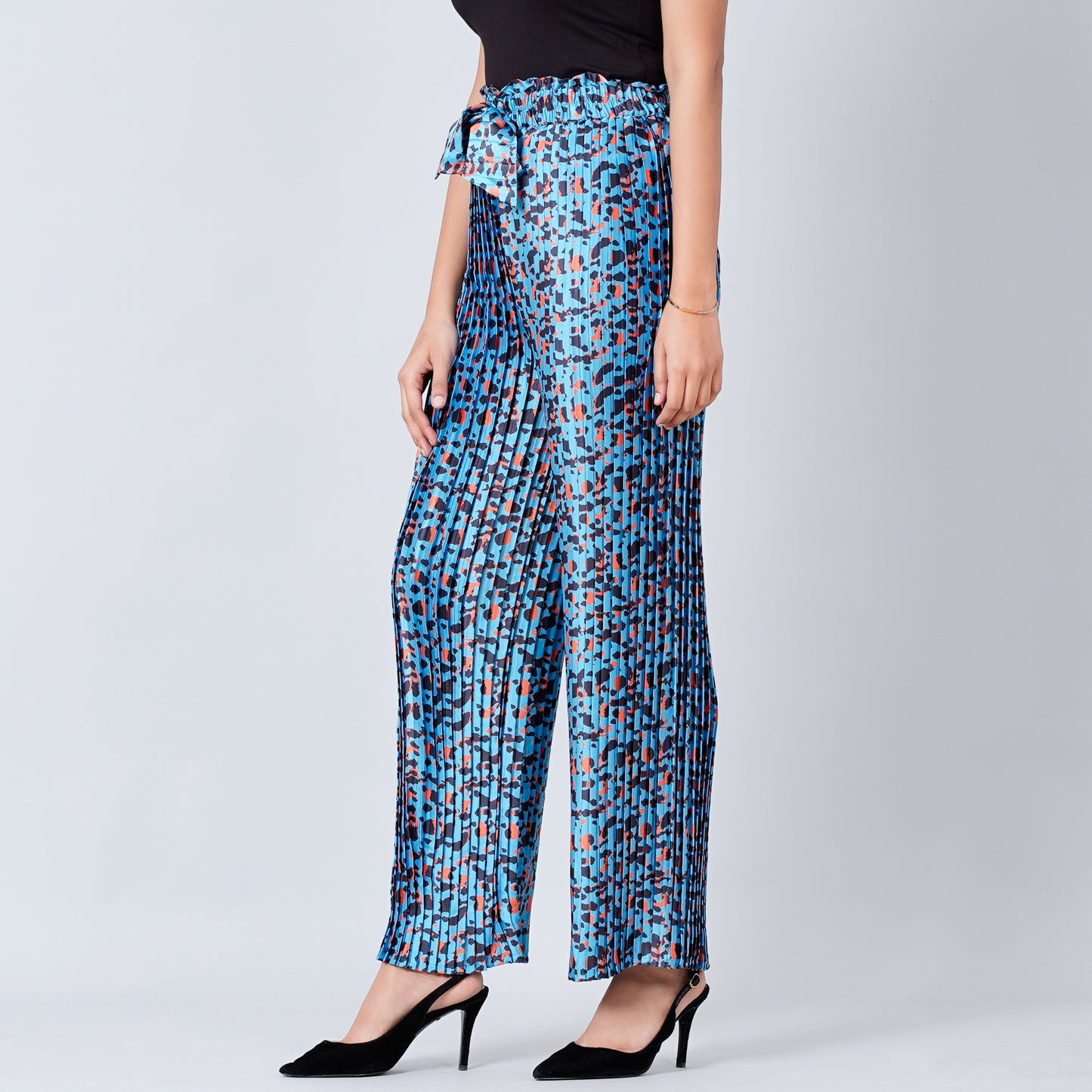 Blue Animal Print Top and Knife Pleated Palazzo Set